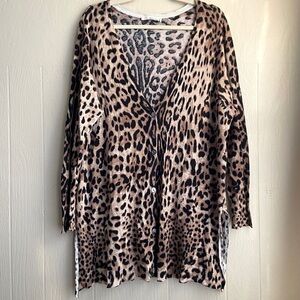 Ellison Linen Blend Boho Leopard Print Button Down Longline Cardigan Sweater